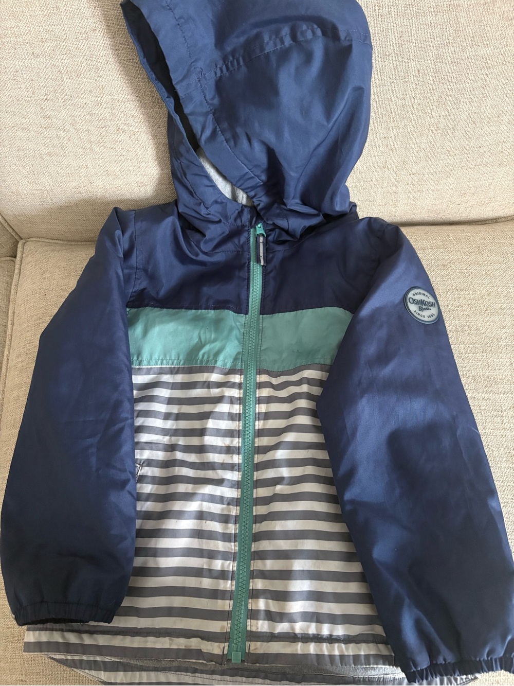 OshKosh Navy Aqua Grey Windbreaker jacket w/soft lining zipper Logo on Sleeve